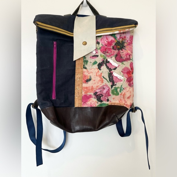 Source Unknown Handbags - Handmade Roll Zip Backpack Denim Hand Painted Floral Textile Leather Boho Bag
